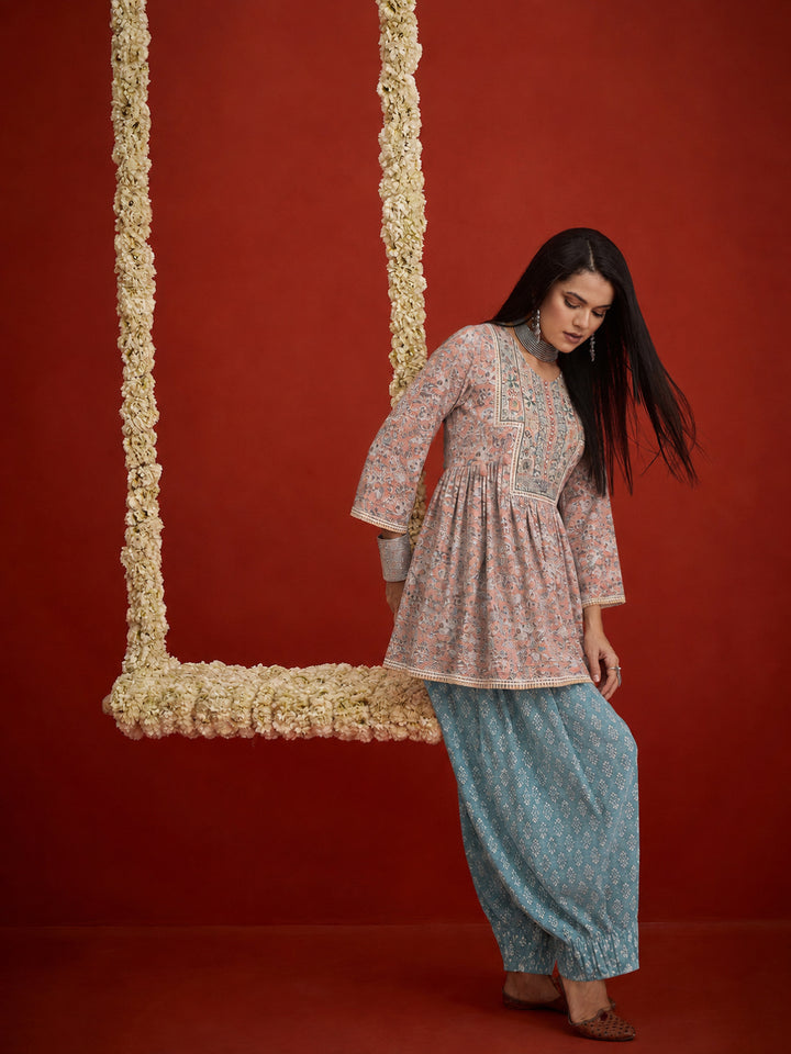 Geometric Printed &amp; Embroidered Cotton A-Line Short Kurti With Farshi Salwar