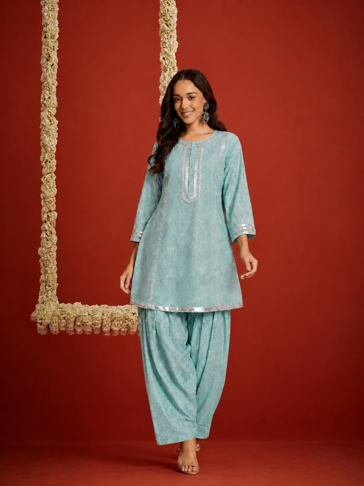 Bandhej Printed Rayon A-Line Kurti With Farshi Salwar Set