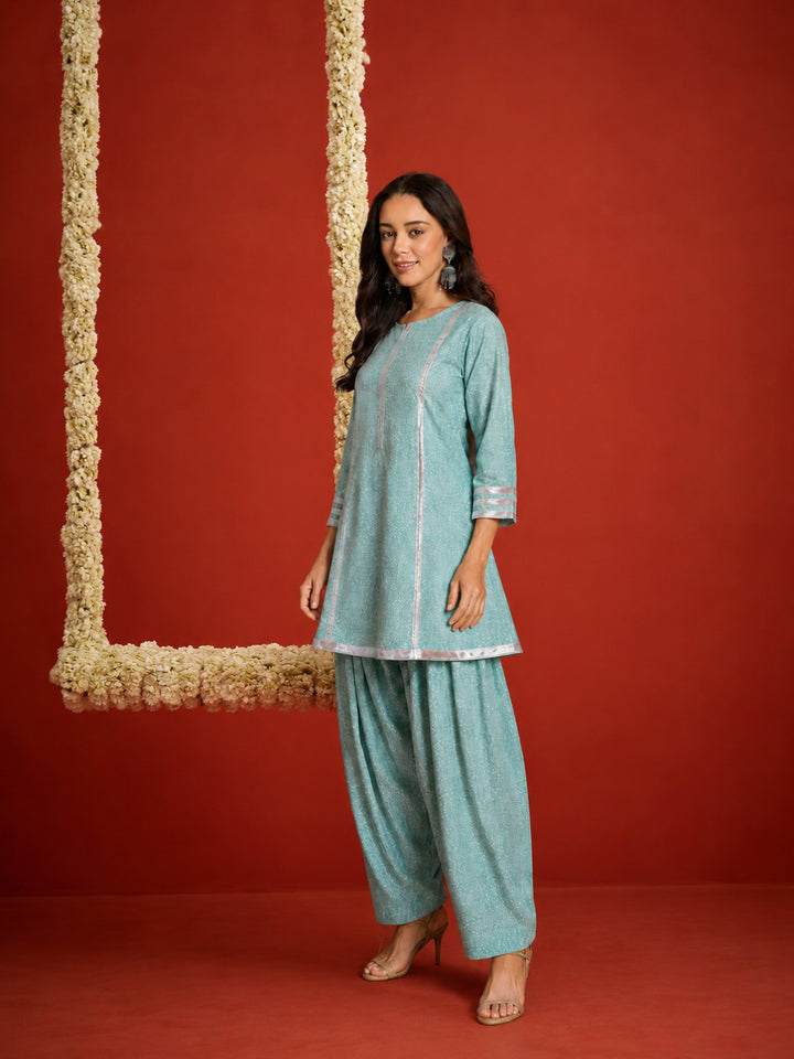 Bandhej Printed Rayon A-Line Kurti With Farshi Salwar Set