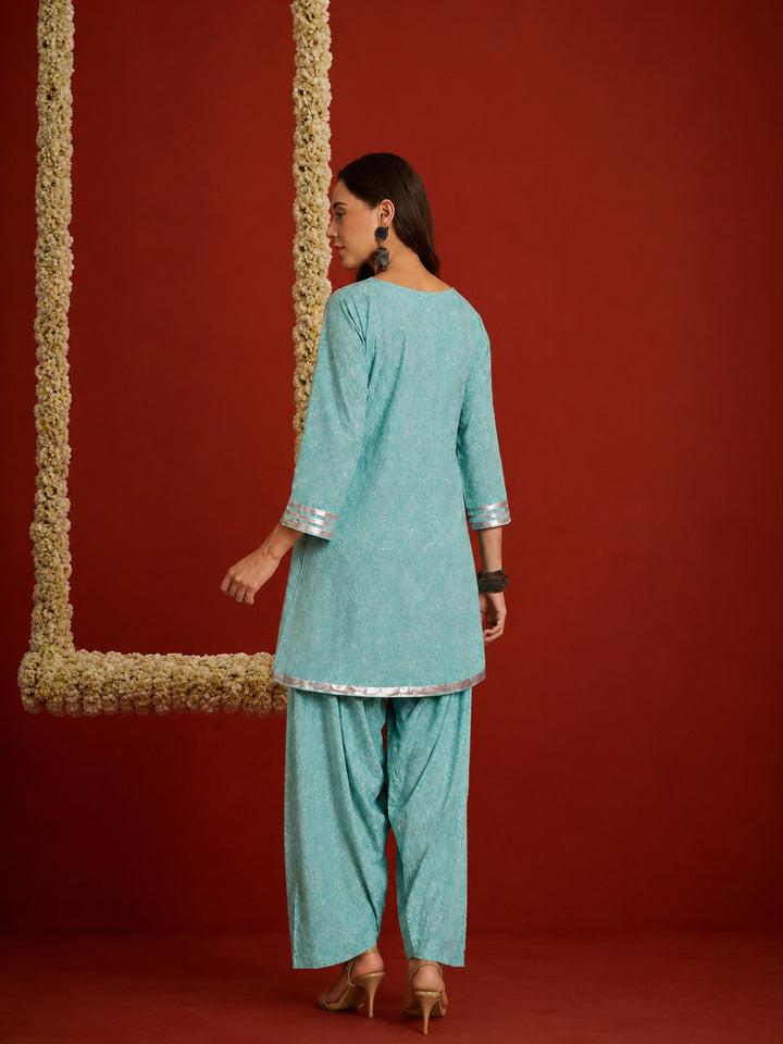 Bandhej Printed Rayon A-Line Kurti With Farshi Salwar Set