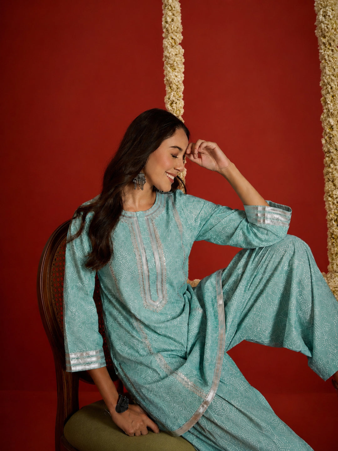 Bandhej Printed Rayon A-Line Kurti With Farshi Salwar Set