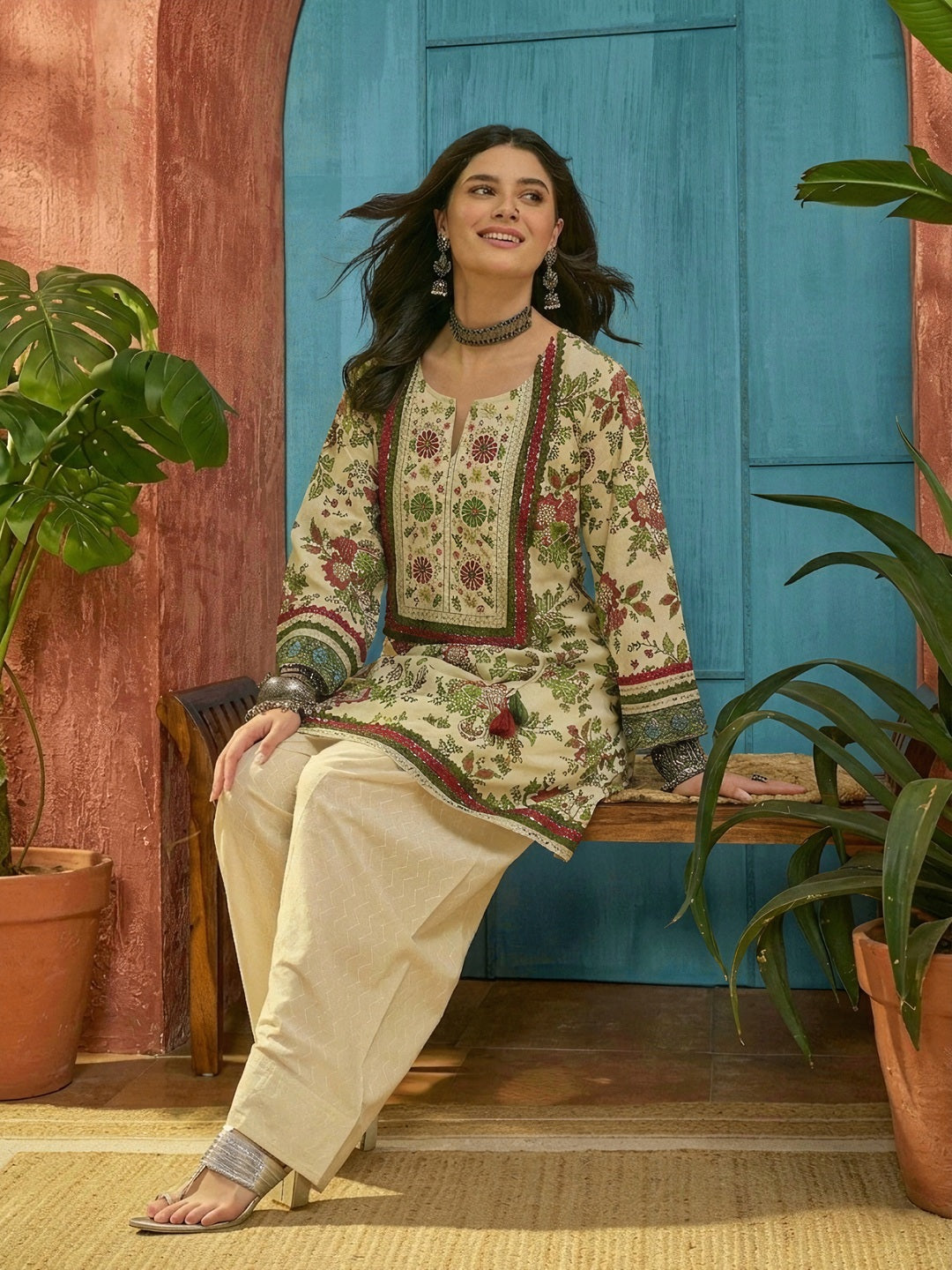 Floral Printed &amp; Embroidered Cotton A-Line Kurti Farshi Salwar Set