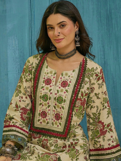 Floral Printed & Embroidered Cotton A-Line Kurti Farshi Salwar Set