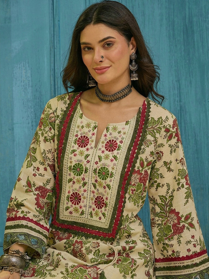 Floral Printed &amp; Embroidered Cotton A-Line Kurti Farshi Salwar Set