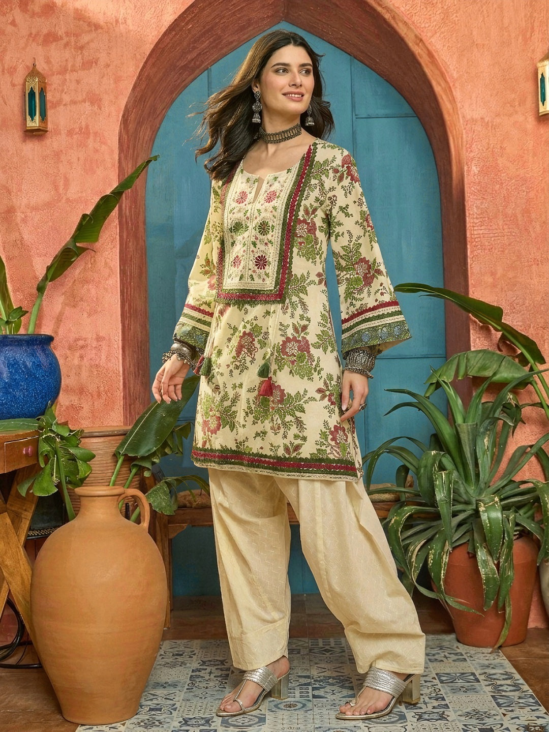 Floral Printed &amp; Embroidered Cotton A-Line Kurti Farshi Salwar Set