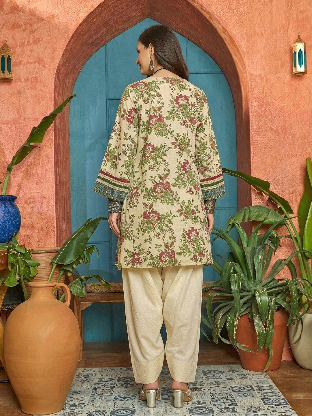 Floral Printed &amp; Embroidered Cotton A-Line Kurti Farshi Salwar Set
