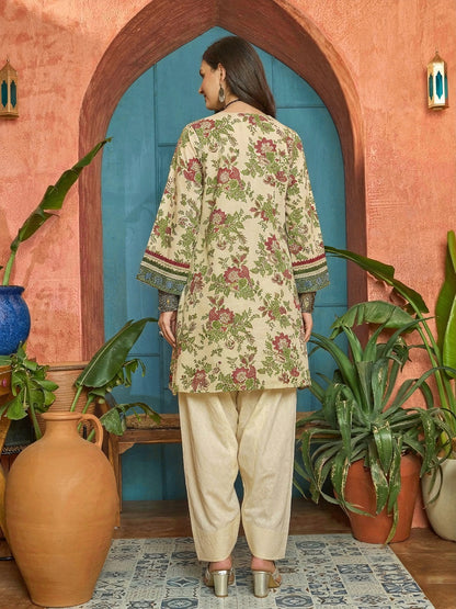 Floral Printed & Embroidered Cotton A-Line Kurti Farshi Salwar Set