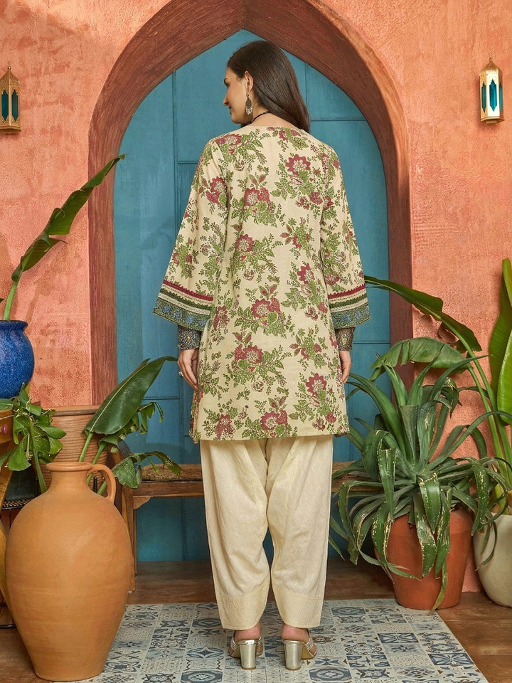 Floral Printed &amp; Embroidered Cotton A-Line Kurti Farshi Salwar Set
