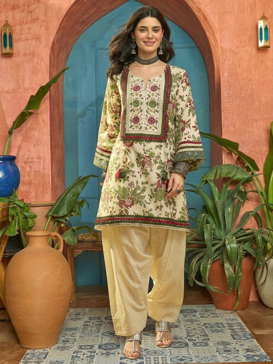 Floral Printed &amp; Embroidered Cotton A-Line Kurti Farshi Salwar Set