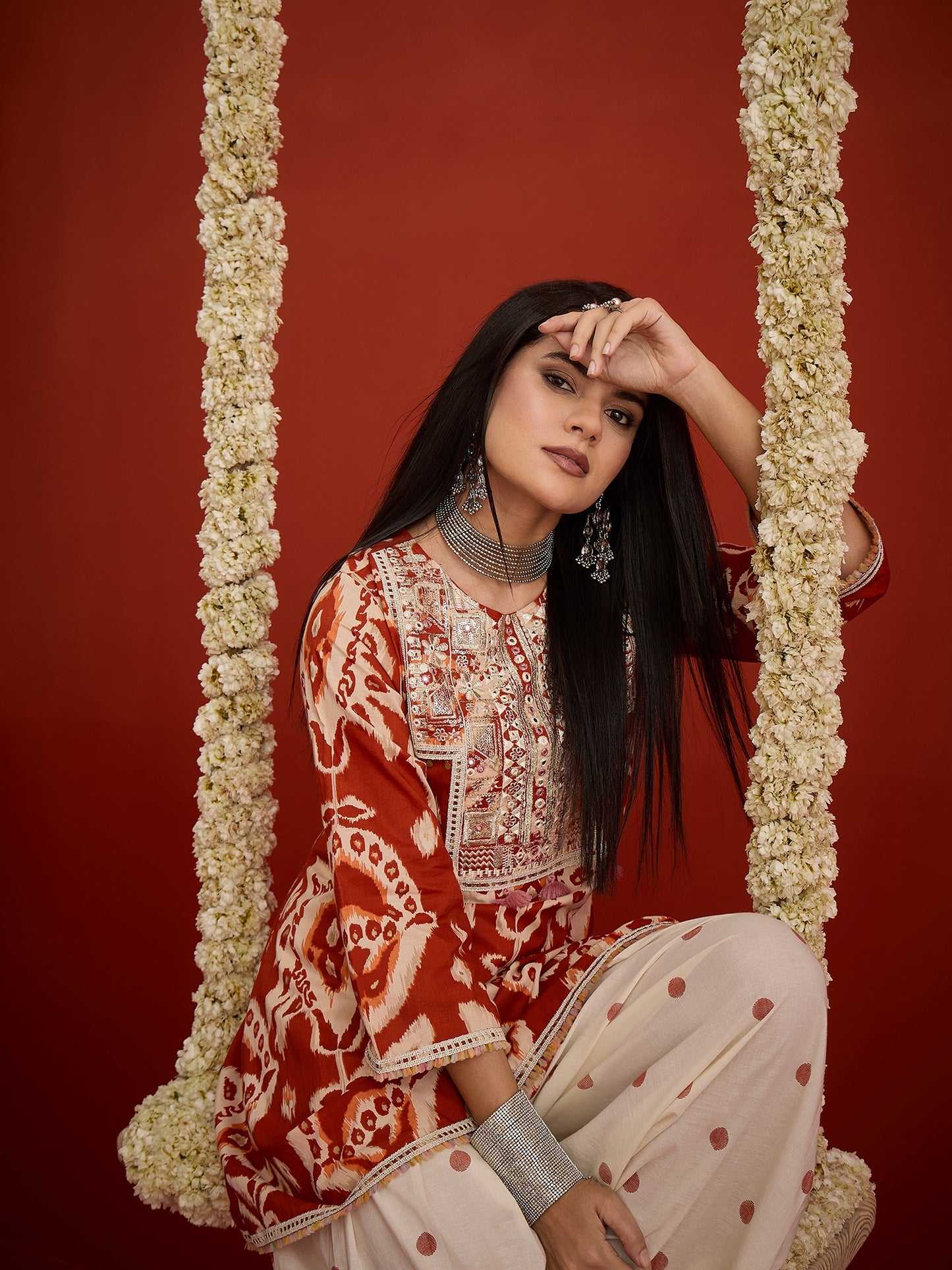Ikat Printed & Embroidered Cotton A-Line Short Kurti With Farshi Farshi Slawar Set