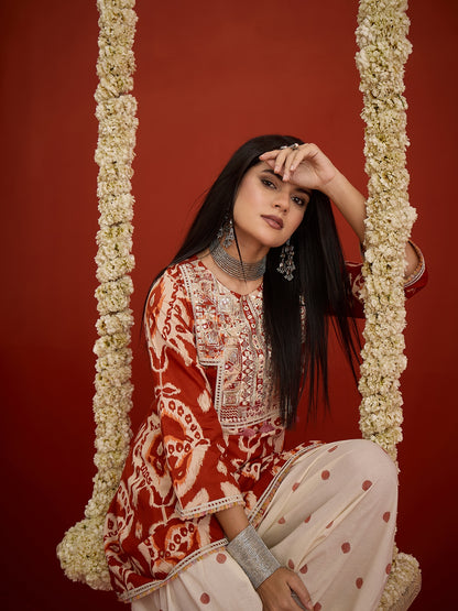 Ikat Printed & Embroidered Cotton A-Line Short Kurti With Farshi Farshi Slawar Set