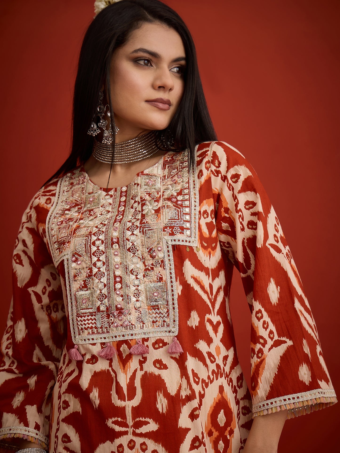 Ikat Printed & Embroidered Cotton A-Line Short Kurti With Farshi Farshi Slawar Set