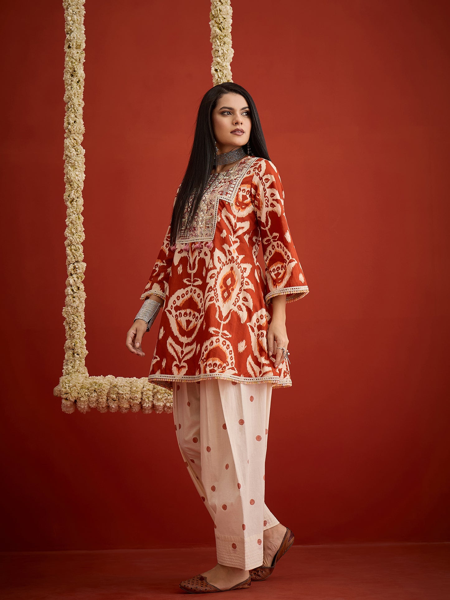 Ikat Printed & Embroidered Cotton A-Line Short Kurti With Farshi Farshi Slawar Set