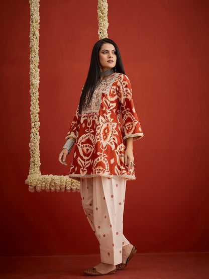 Ikat Printed & Embroidered Cotton A-Line Short Kurti With Farshi Farshi Slawar Set