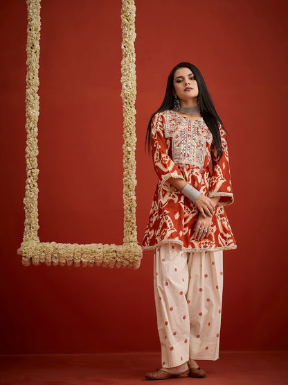 Ikat Printed & Embroidered Cotton A-Line Short Kurti With Farshi Farshi Slawar Set