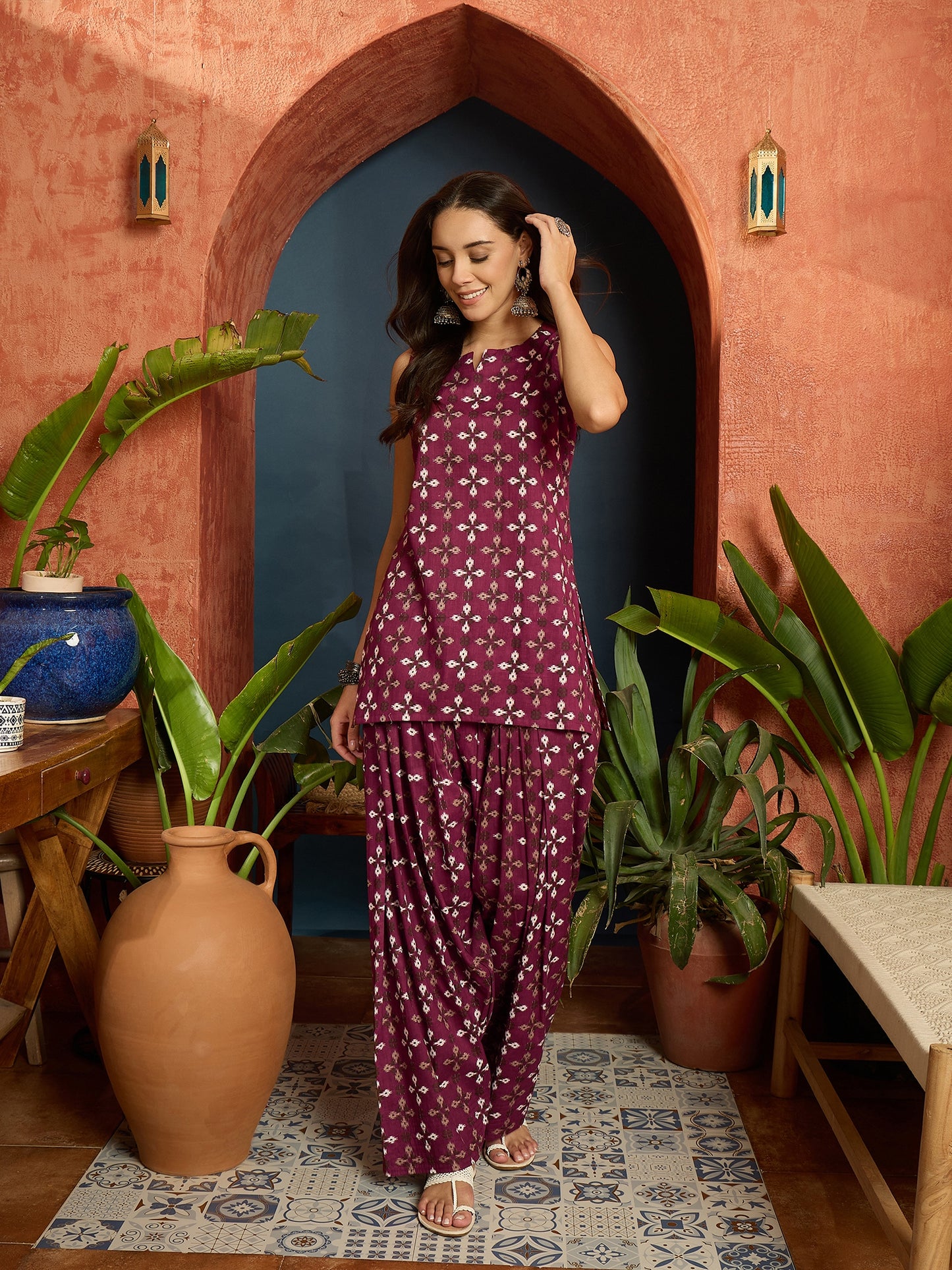 Ethnic Motifs Printed Pure Cotton Straight Kurti With Farshi Salwar Salwar