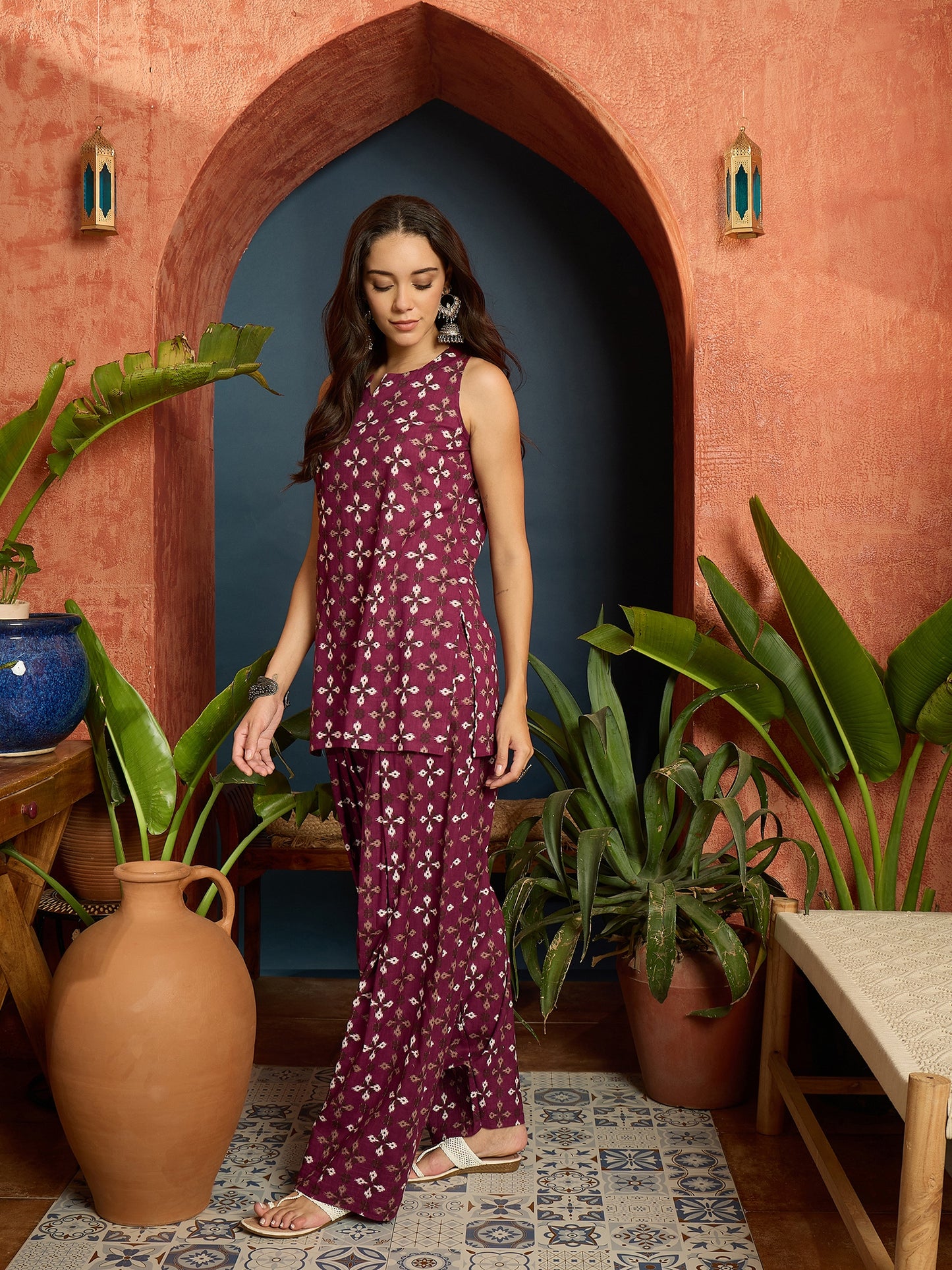 Ethnic Motifs Printed Pure Cotton Straight Kurti With Farshi Salwar Salwar