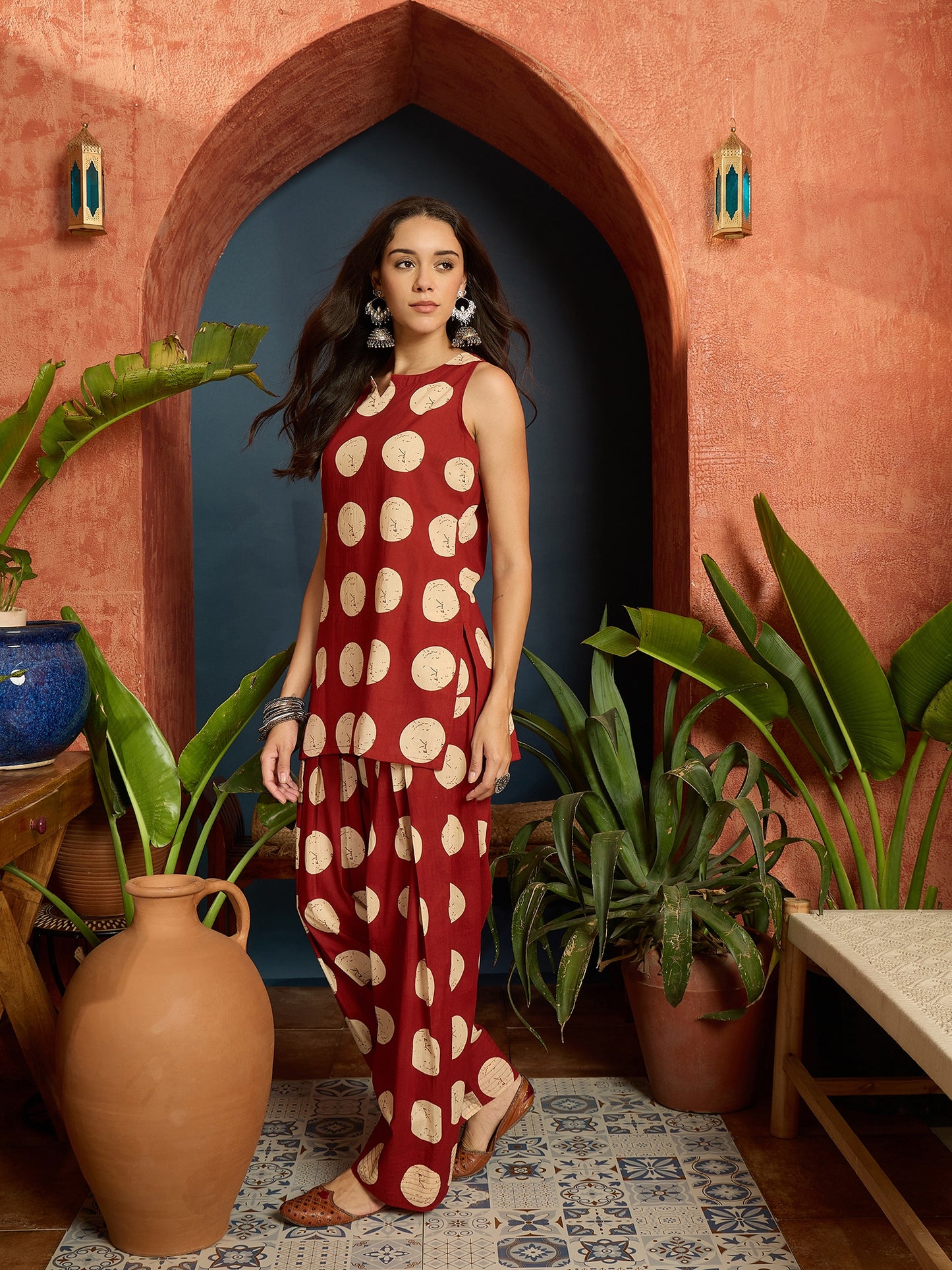 Polka Dot Printed Pure Cotton Straight Kurti With Farshi Salwar Salwar