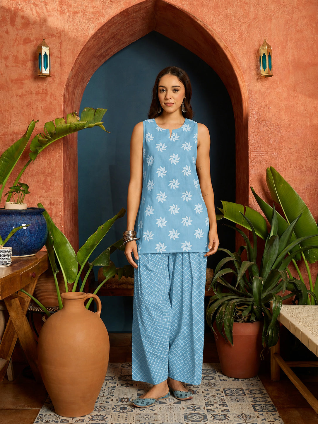 Floral Printed Pure Cotton Straight Kurti With Farshi Salwar