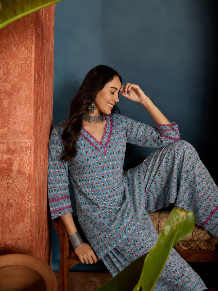 Ethnic Motifs Printed Cotton Straight Short Kurti With Farshi Salwar Set