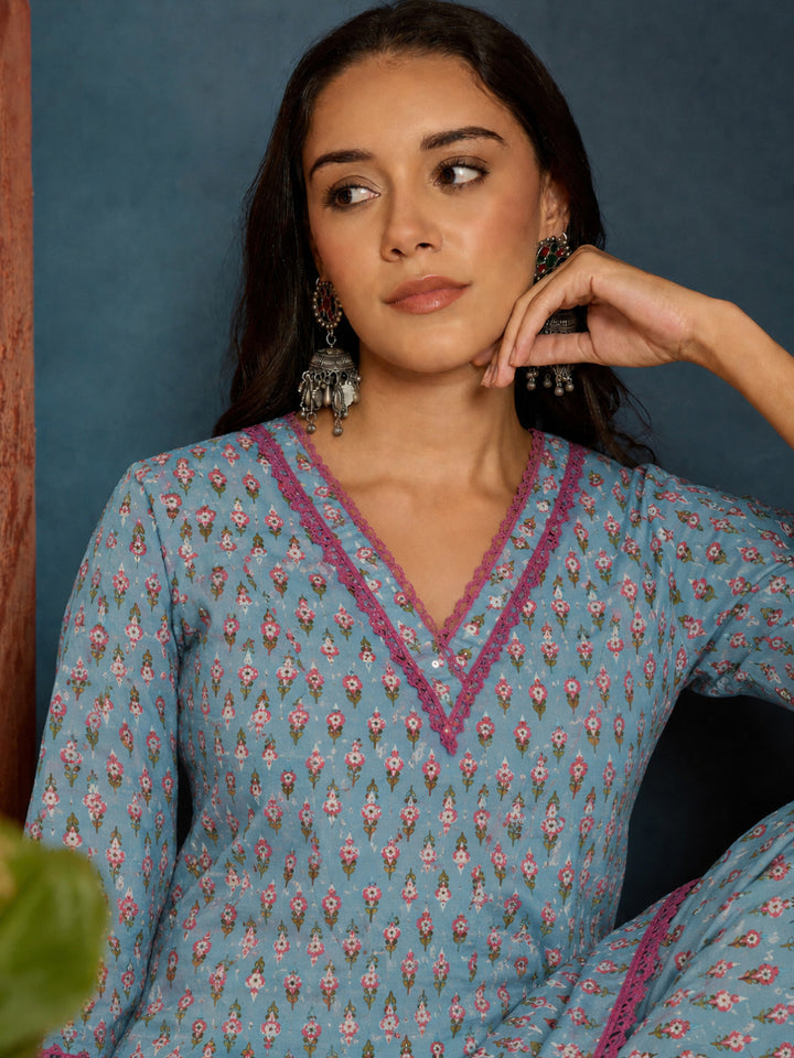 Ethnic Motifs Printed Cotton Straight Short Kurti With Farshi Salwar Set