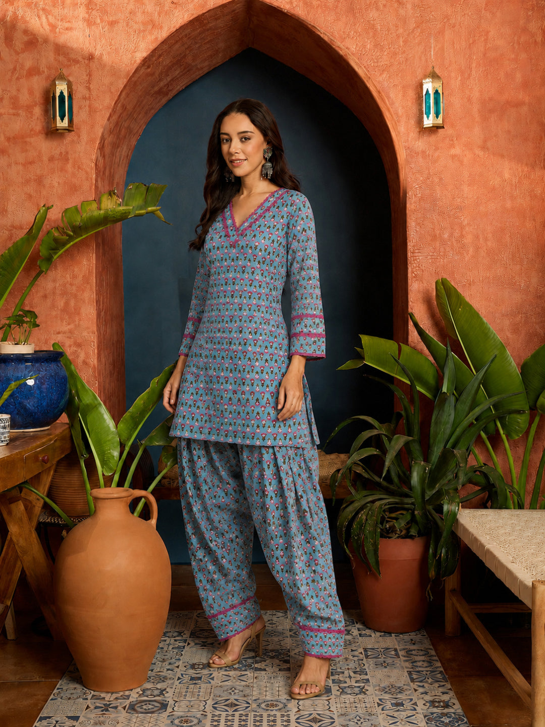 Ethnic Motifs Printed Cotton Straight Short Kurti With Farshi Salwar Set