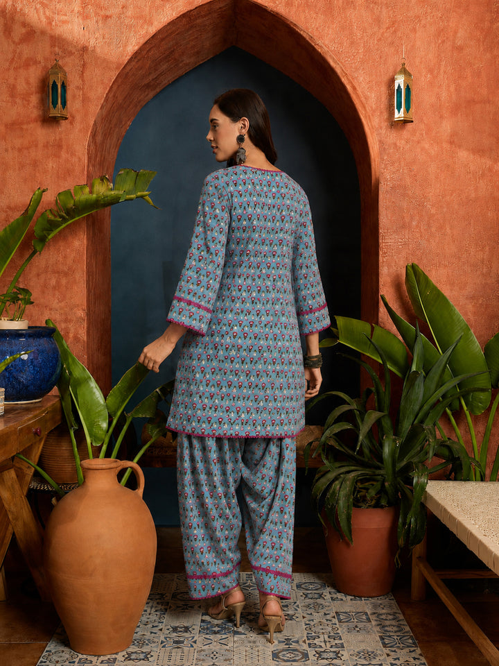 Ethnic Motifs Printed Cotton Straight Short Kurti With Farshi Salwar Set