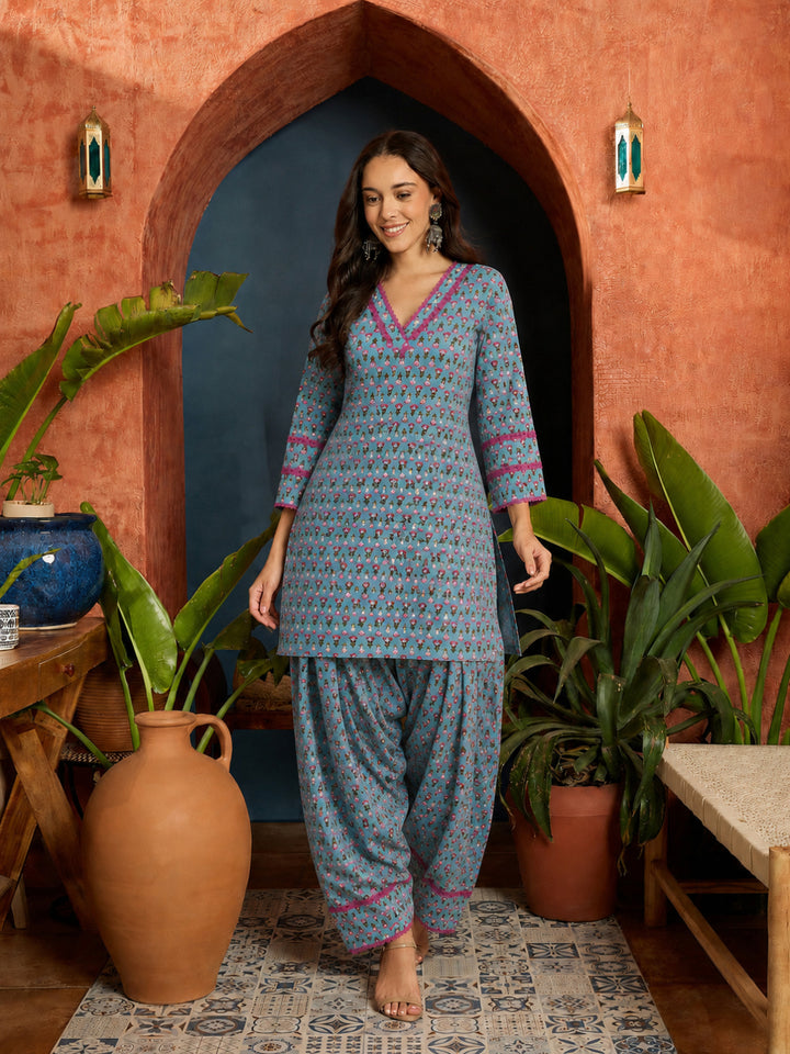 Ethnic Motifs Printed Cotton Straight Short Kurti With Farshi Salwar Set