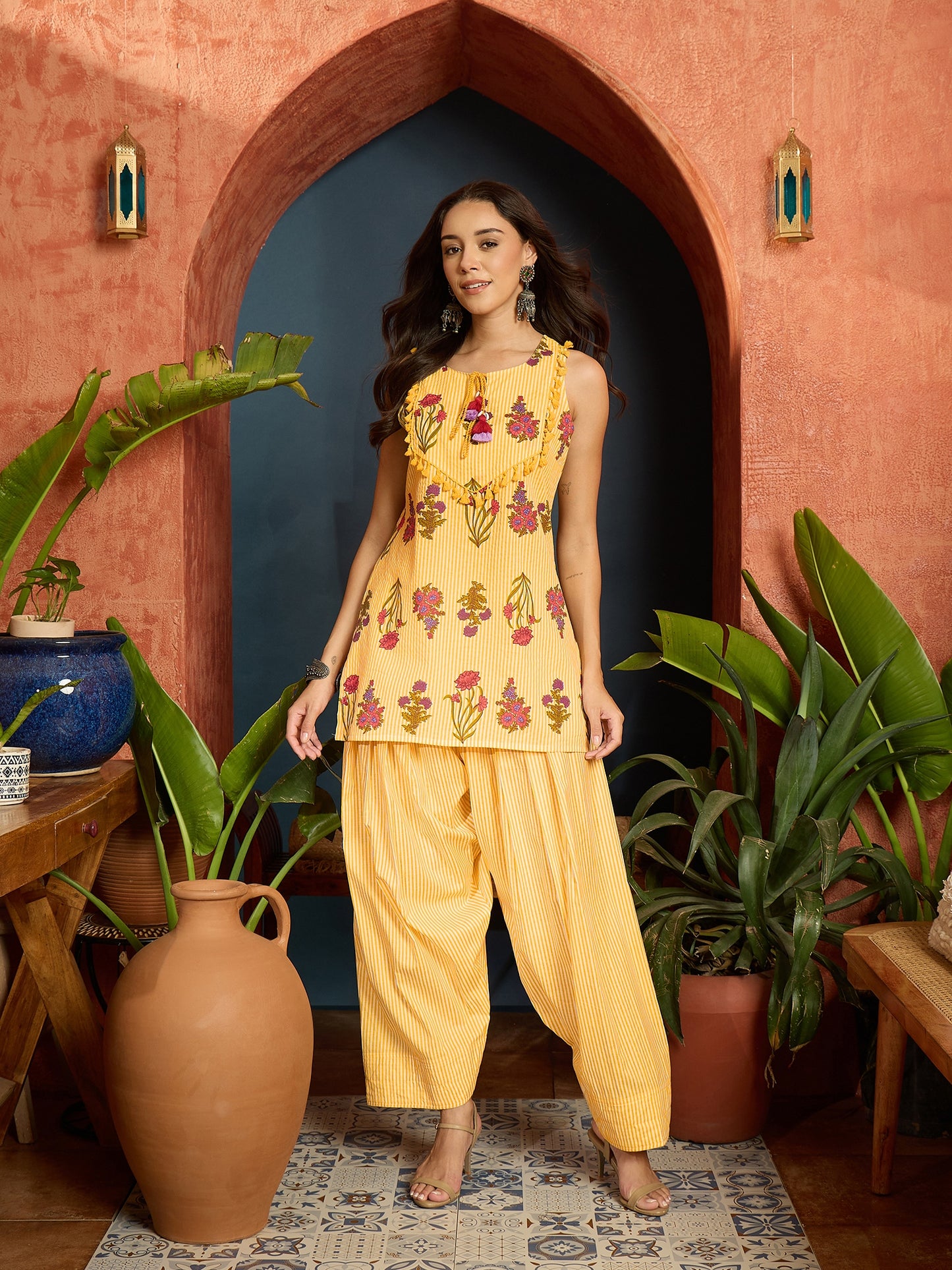 Floral Printed Pure Cotton Straight Short Kurti With Farshi Salwar Salwar Set