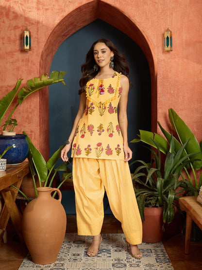 Floral Printed Pure Cotton Straight Short Kurti With Farshi Salwar Salwar Set