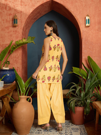 Floral Printed Pure Cotton Straight Short Kurti With Farshi Salwar Salwar Set