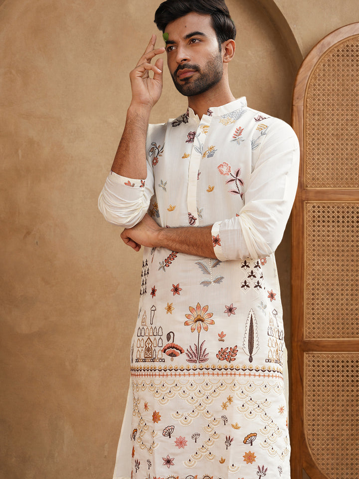 Silk Blend Floral Embroidered Kurta