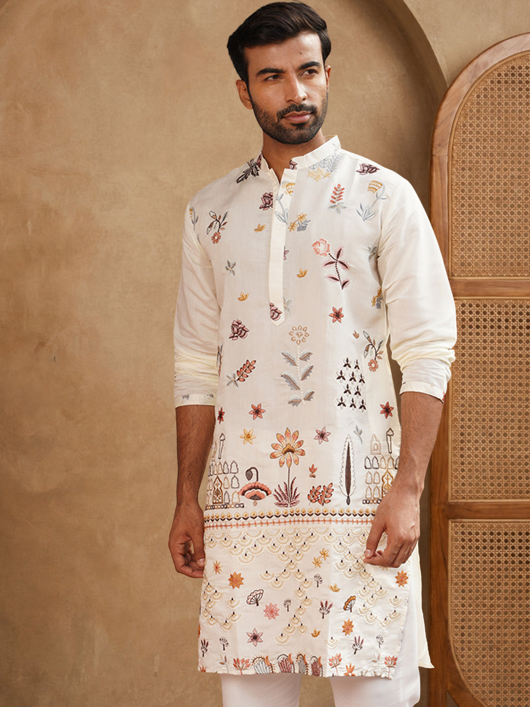 Silk Blend Floral Embroidered Kurta