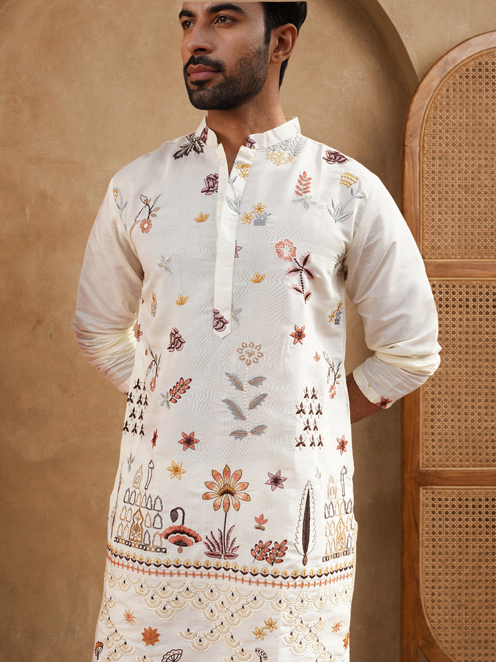 Silk Blend Floral Embroidered Kurta