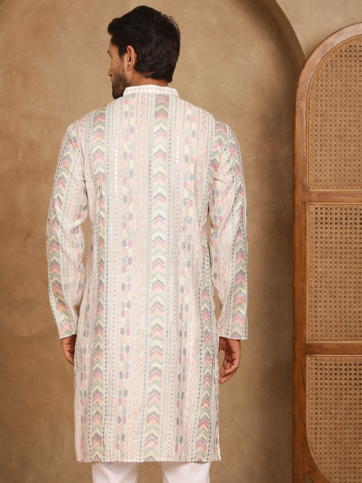 White Embroidered And Sequins Kurta, White Straight Knee Length Kurta, Has A Mandarin Collar, Long Sleeves, Straight Hem.