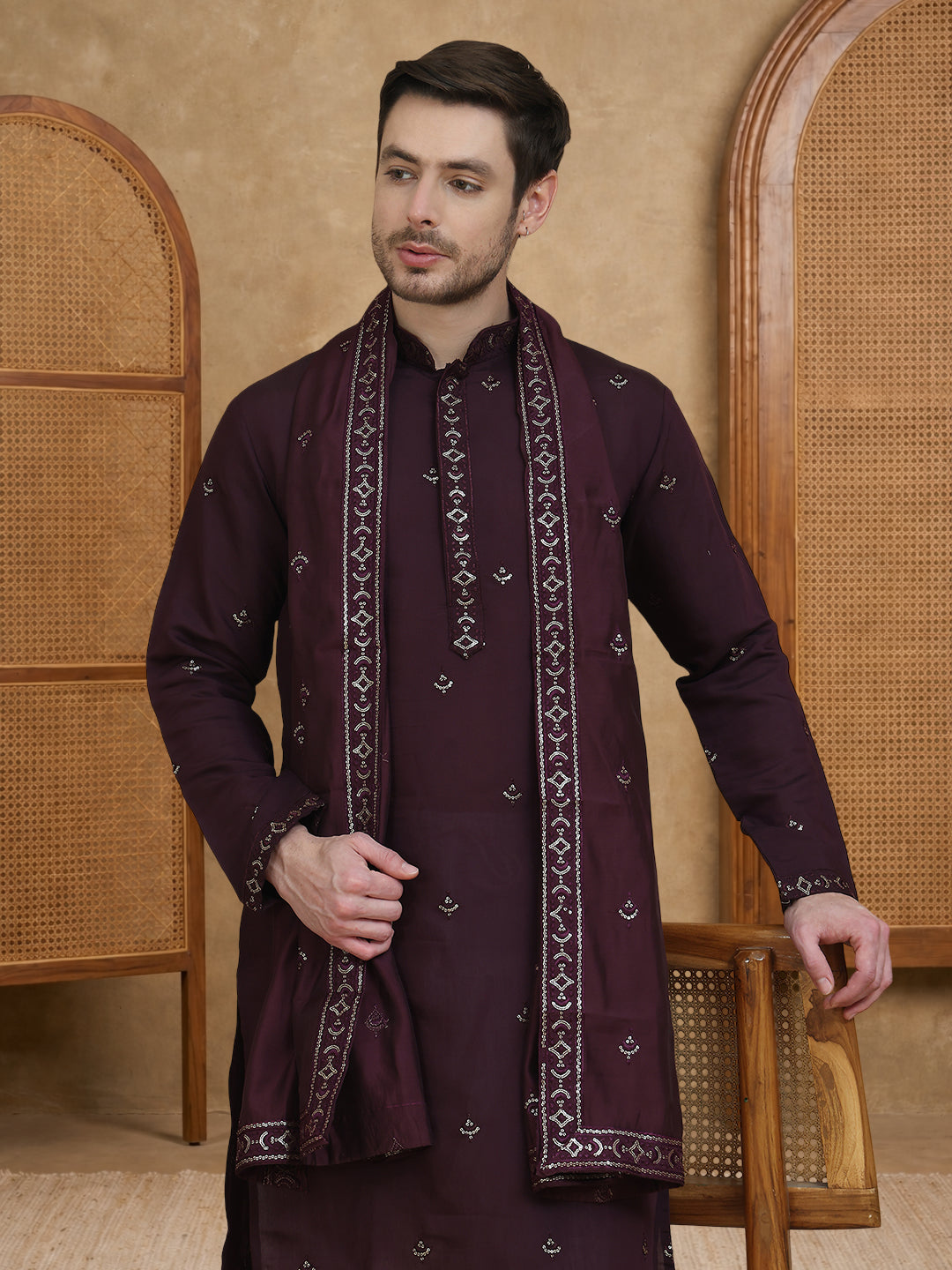 Silk Blend Embroidered Kurta With Dupatta