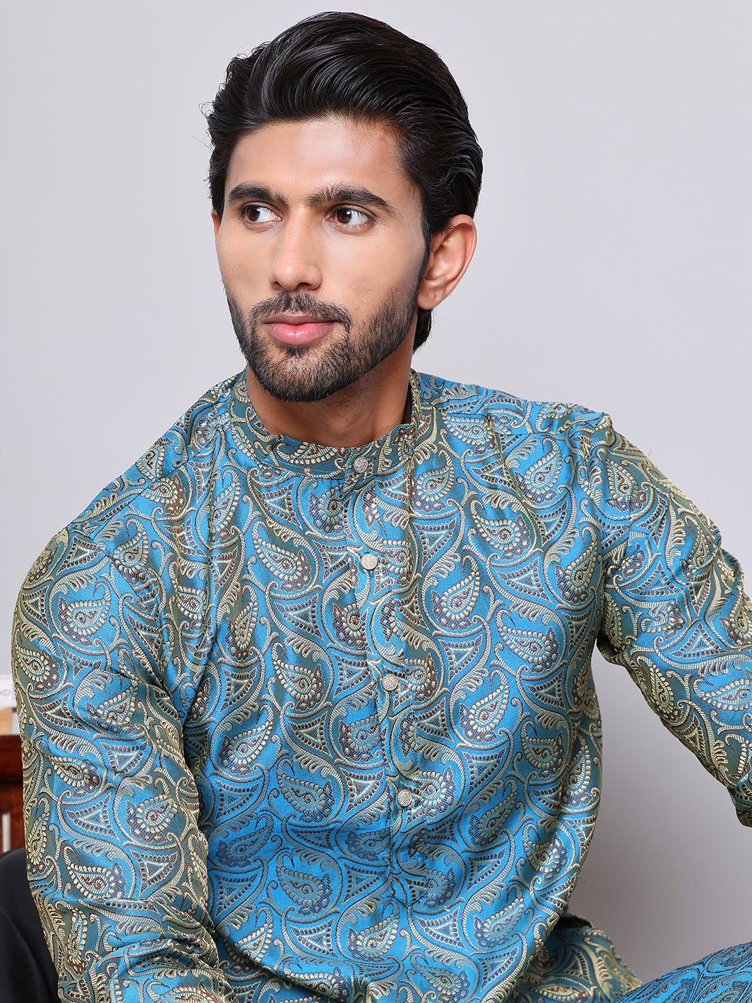 Men Blue Silk Blend Straight Kurtas