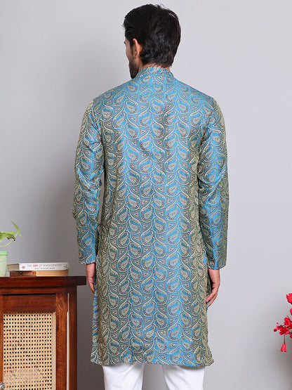 Men Blue Silk Blend Straight Kurtas