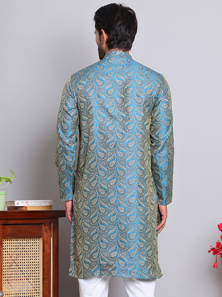 Men Blue Silk Blend Straight Kurtas