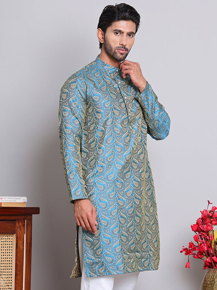 Men Blue Silk Blend Straight Kurtas