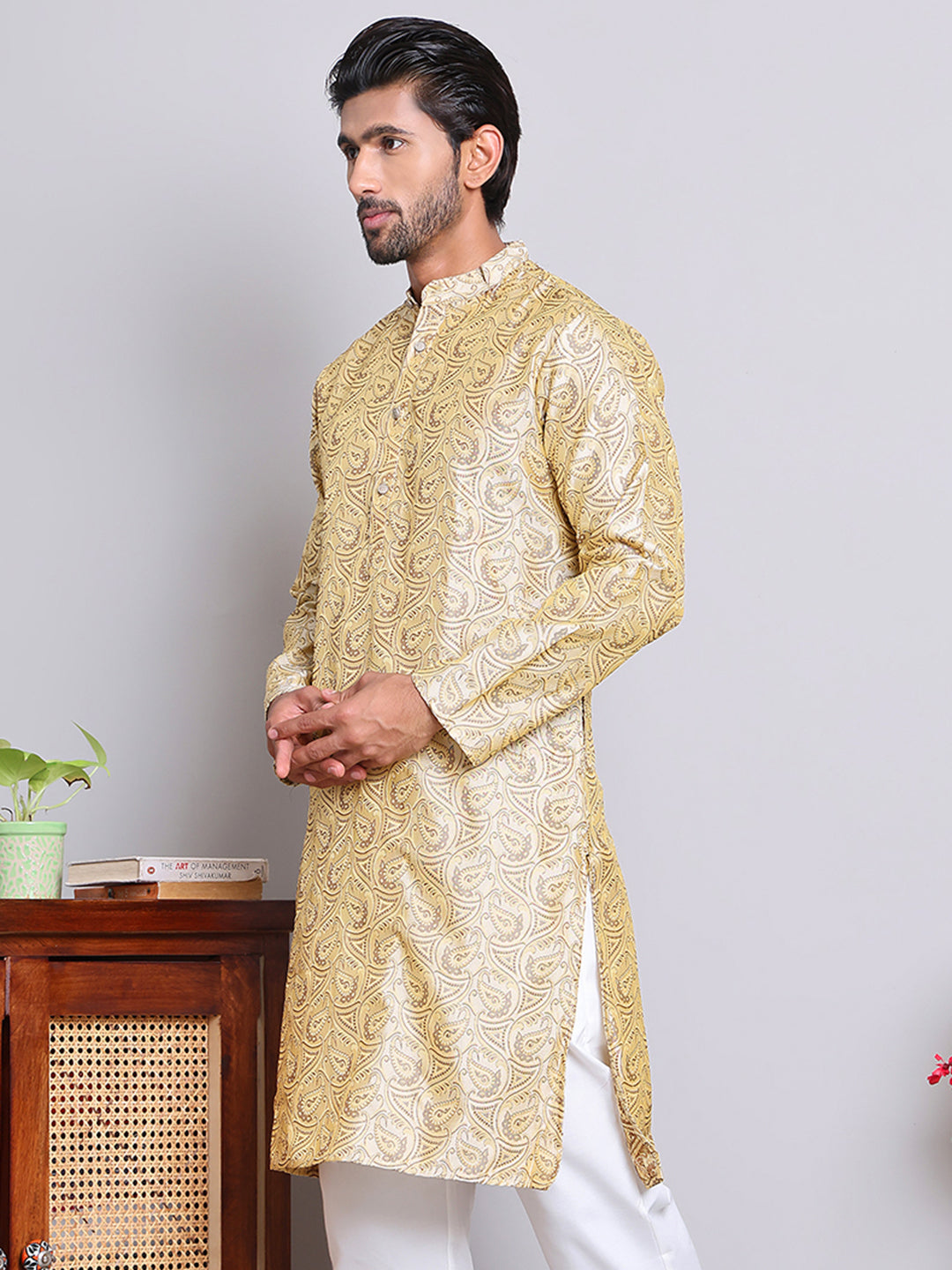 Men Golden Silk Blend Straight Kurtas