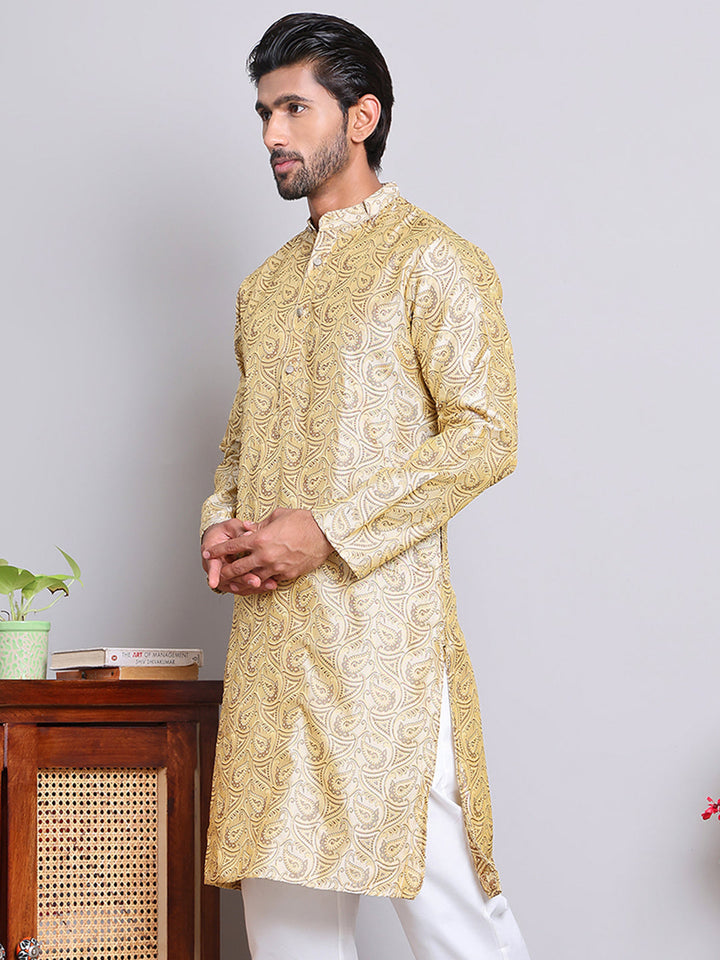 Men Golden Silk Blend Straight Kurtas