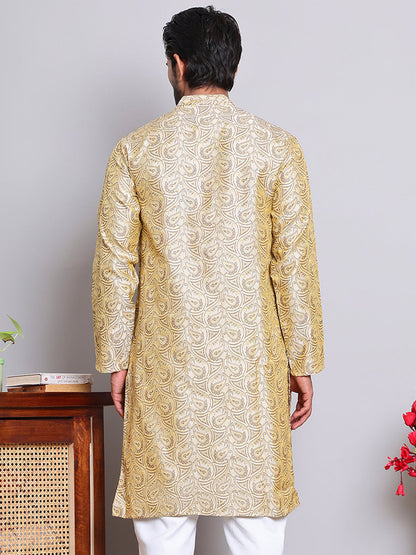 Men Golden Silk Blend Straight Kurtas