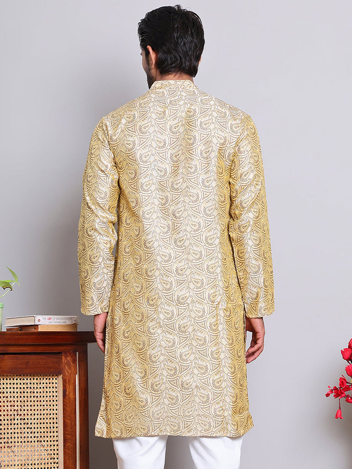 Men Golden Silk Blend Straight Kurtas