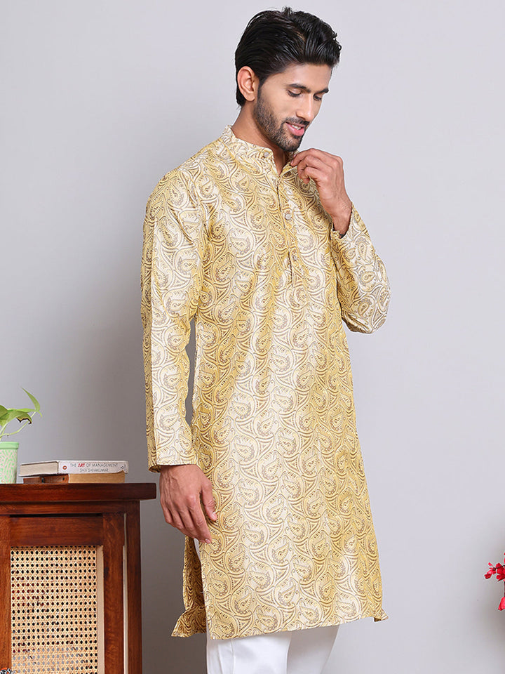 Men Golden Silk Blend Straight Kurtas