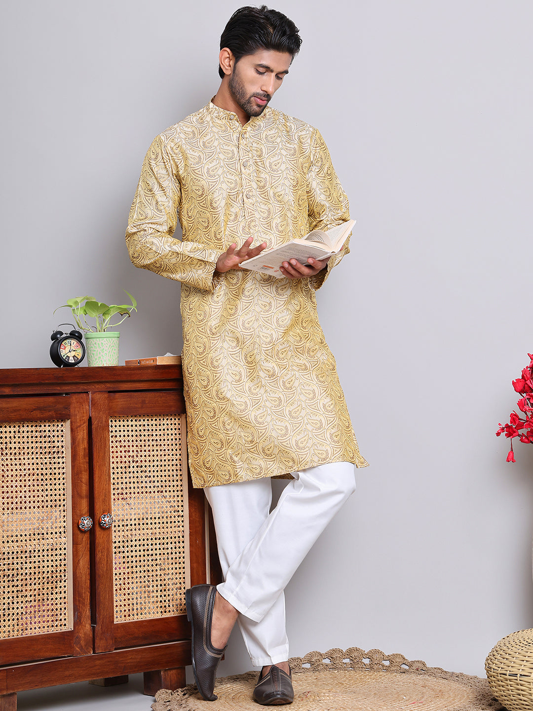 Men Golden Silk Blend Straight Kurtas