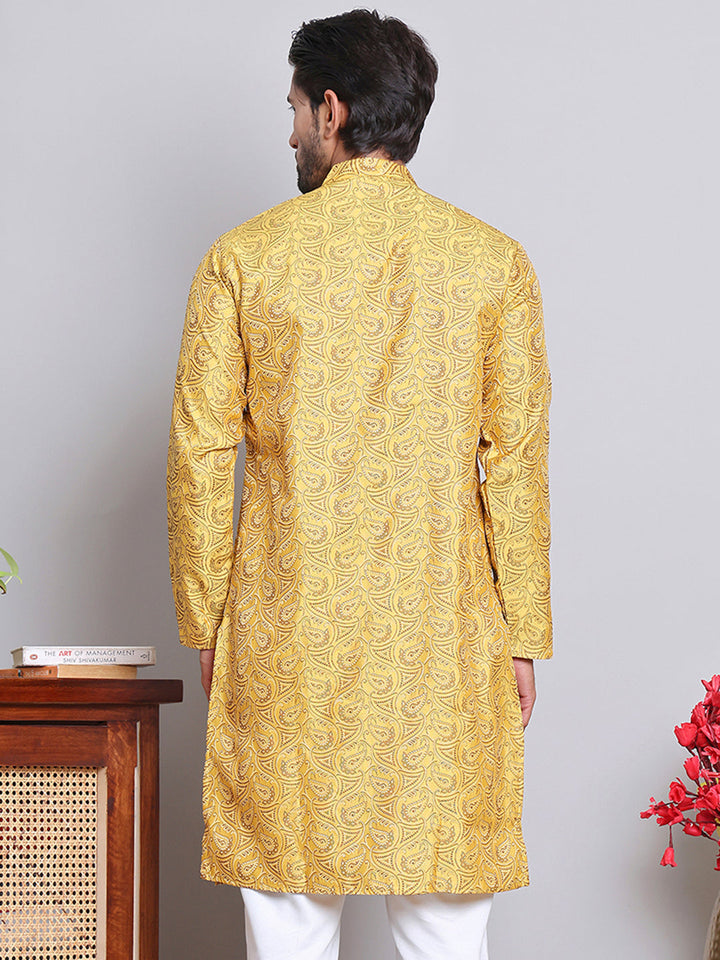 Men Yellow Silk Blend Straight Kurtas