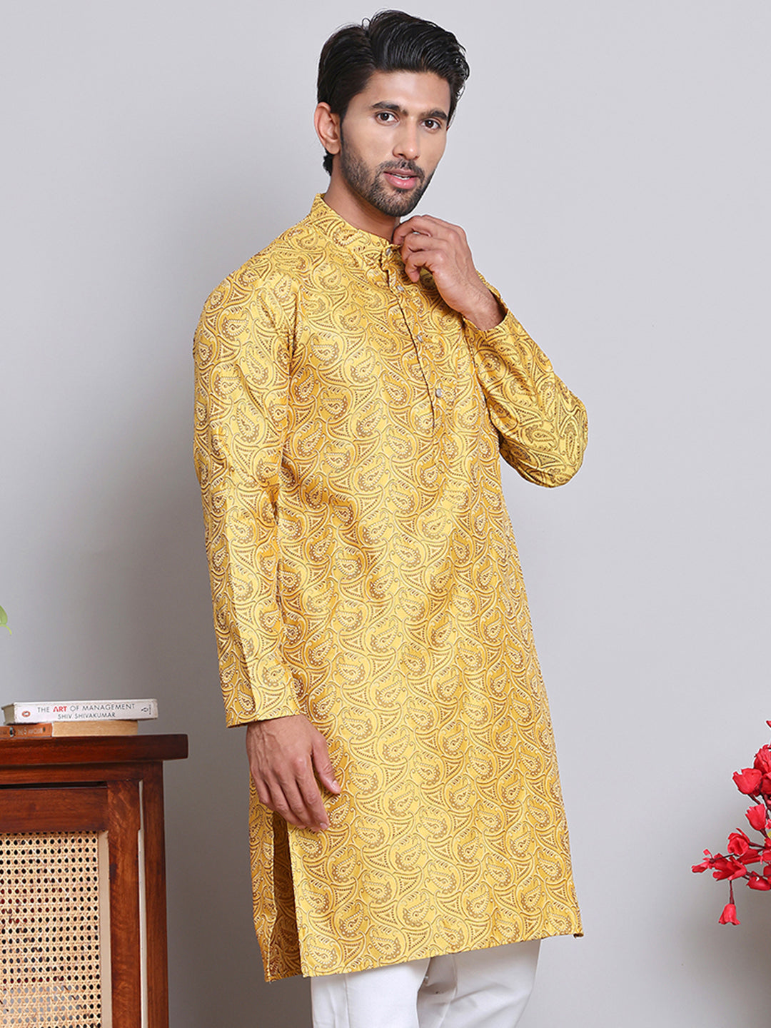 Men Yellow Silk Blend Straight Kurtas