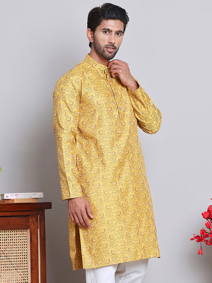 Men Yellow Silk Blend Straight Kurtas