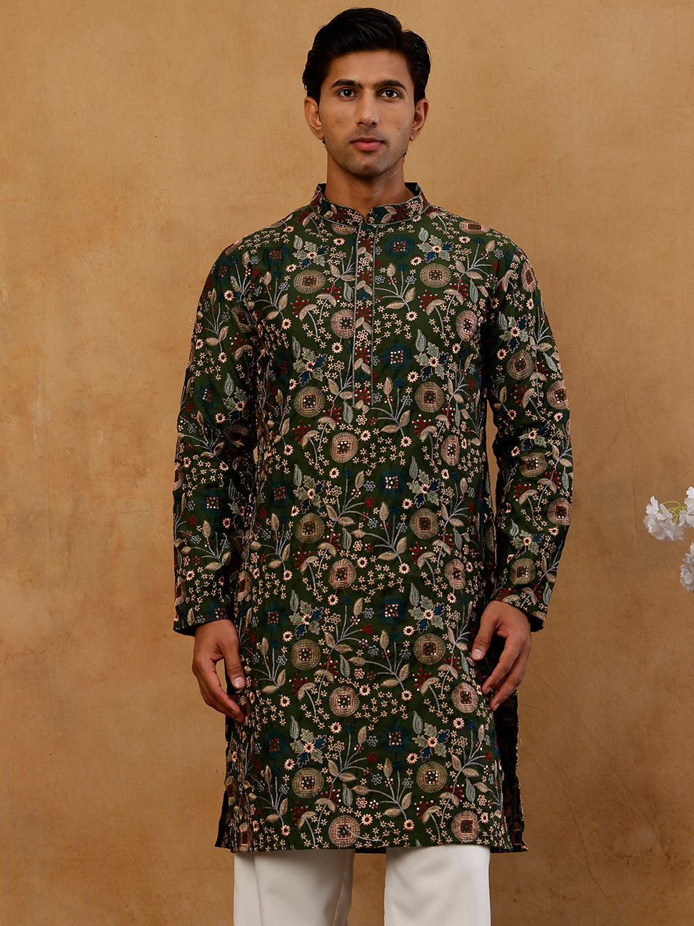 Silk Blend Floral Embroidered Kurta For Men